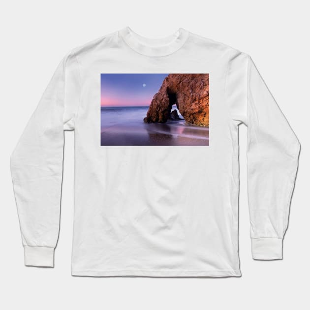 Sea Arch And Full Moon Over El Matador State Beach Long Sleeve T-Shirt by AinisticGina